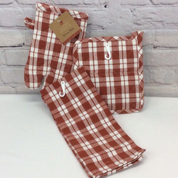 Fall "Farm Fresh" Pumpkins 3 Pc Kitchen Set Gingham Farmhouse - Picture 3 of 8